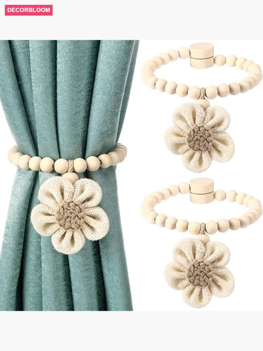 2 Pcs Beaded Sunflower Magnetic Curtain Tiebacks Boho Wooden Holders